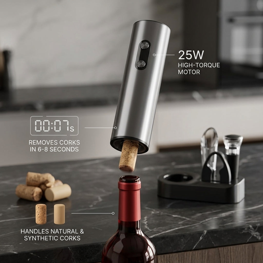 EnziVine 4-Piece Electric Wine Opener Set with Vacuum Stopper