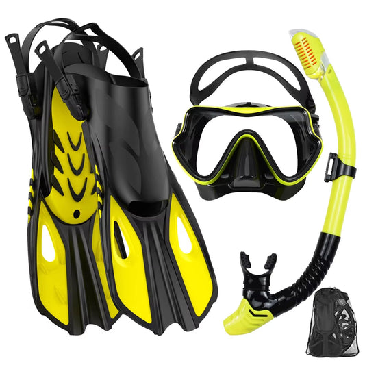 BlicMask 3-in-1 Panoramic Snorkel Set with 180° Anti-Fog Tempered Glass Mask, Dry-Top Snorkel, and Travel-Ready Short Fins