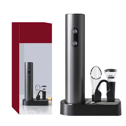 EnziVine 5-Piece Electric Wine Opener Set with 8-Second Rapid Extraction, Vacuum Preserver and Elegant Storage Base