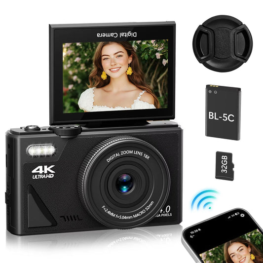 ShotRiso 64MP Digital Camera 4K 60FPS Vlogging Cam with 3" Flip Screen & 32GB Card