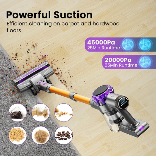 MekValix 45Kpa Cordless Stick Vacuum with 55-Minute Runtime, Tangle-Free V-Shaped Brush and 6-Stage HEPA Filtration