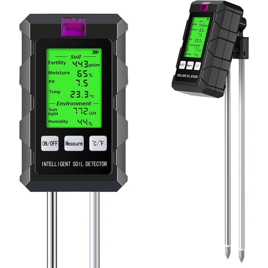 TagTerro 6-in-1 Soil Tester - Professional NPK, pH, Moisture, Temperature, Light & Humidity Meter with 90° Rotatable LCD and 180mm Deep Probes