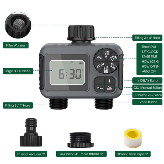ViGratix Dual-Zone Garden Water Timer 116 PSI Leak-Proof Irrigation Controller with Rain Delay