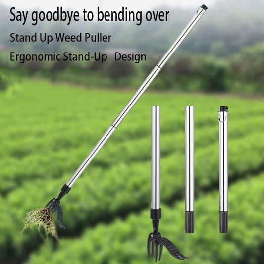 ZasJanee Stand-Up Weed Puller 40" Adjustable Steel 4-Prong with Gloves & Footplate